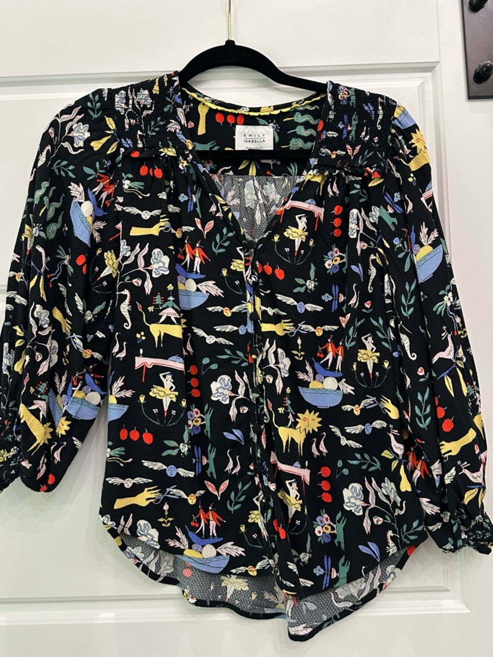 Anthropologie Black Meadow Motif Button-Front Peasant Blouse
